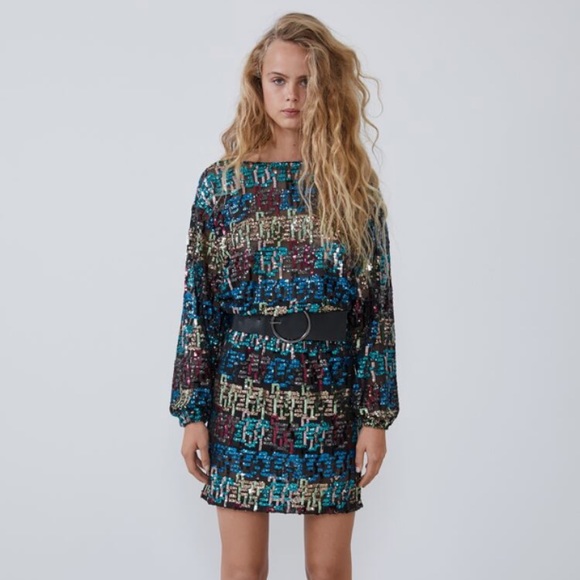 Zara Dresses & Skirts - ☀️Zara - Belted sequined dress, Color- multicolor